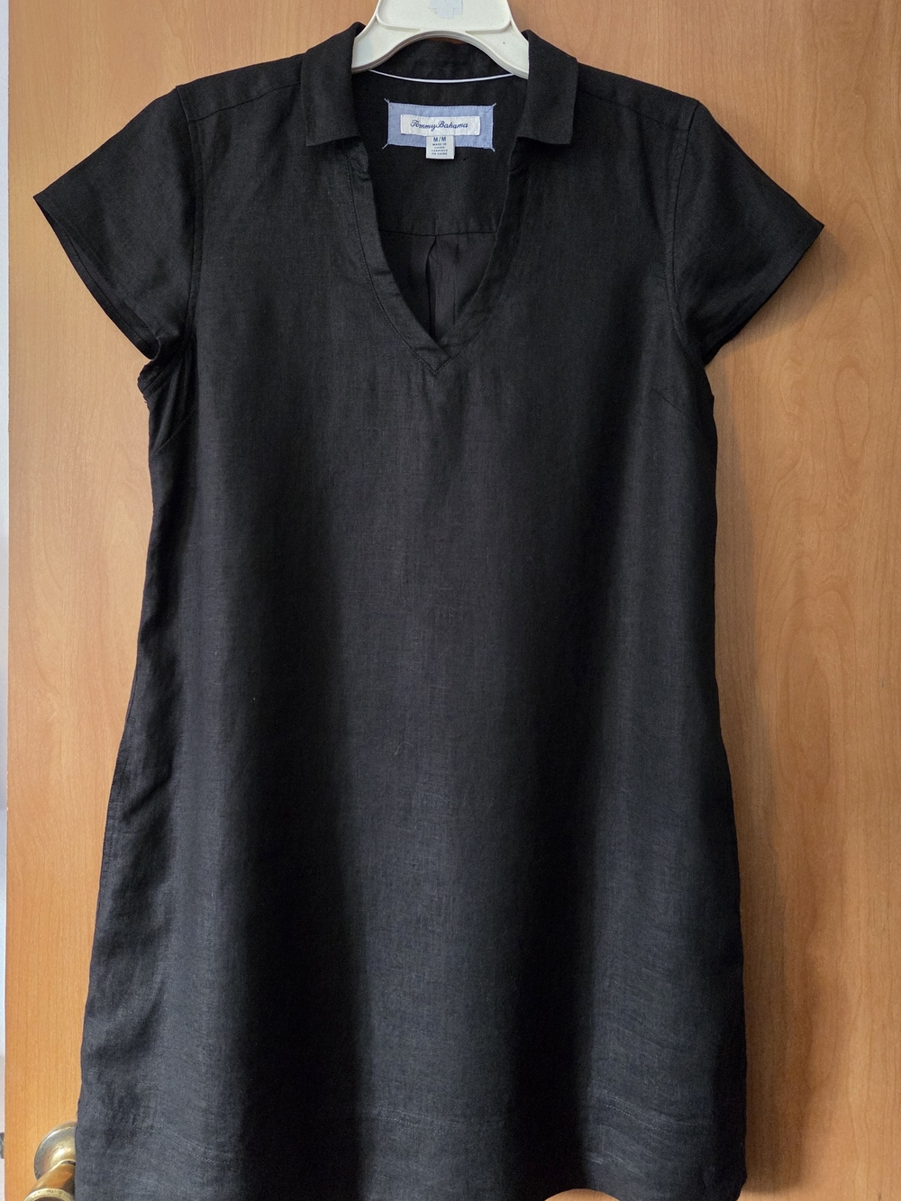 TOMMY BAHAMA Black V‑Neck Mini Linen Shirt Dress Size M Summer A-Line